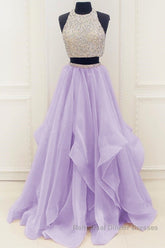 Gorgeous Round Neck Two Pieces Long Semi Formal Prom Dresses, 2 Pieces Formal Evening Dresses
